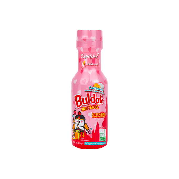 Samyang Buldak Carbonara Sauce bottle with vibrant pink label.