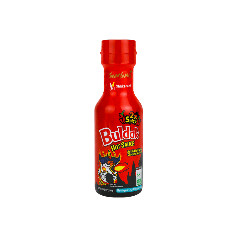 Bottle of Samyang Buldak Sauce 2x Spicy with a fiery design.