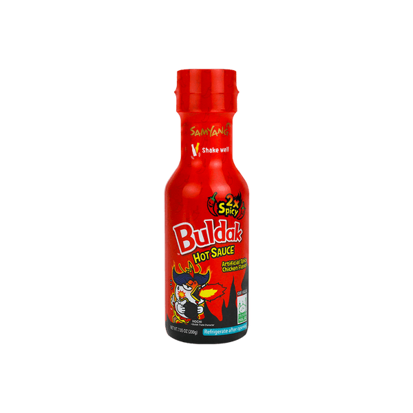 Bottle of Samyang Buldak Sauce 2x Spicy with a fiery design.
