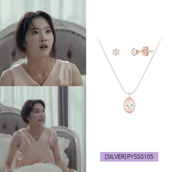 [Silver] Simple Oval Earrings + Necklace Set Pink -PAUL BRIAL- DynaMart