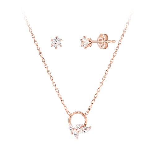[Silver] Simple Round Earrings + Necklace Set Pink -PAUL BRIAL- DynaMart